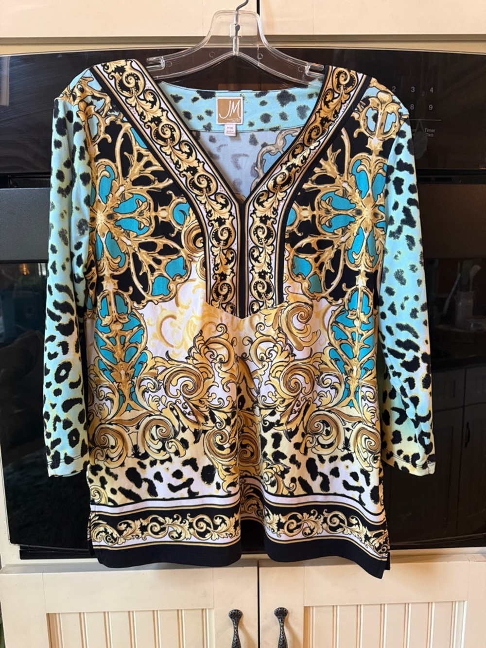 JM Collection Turquoise, Gold & Black Baroque-Print V-Neck Tunic